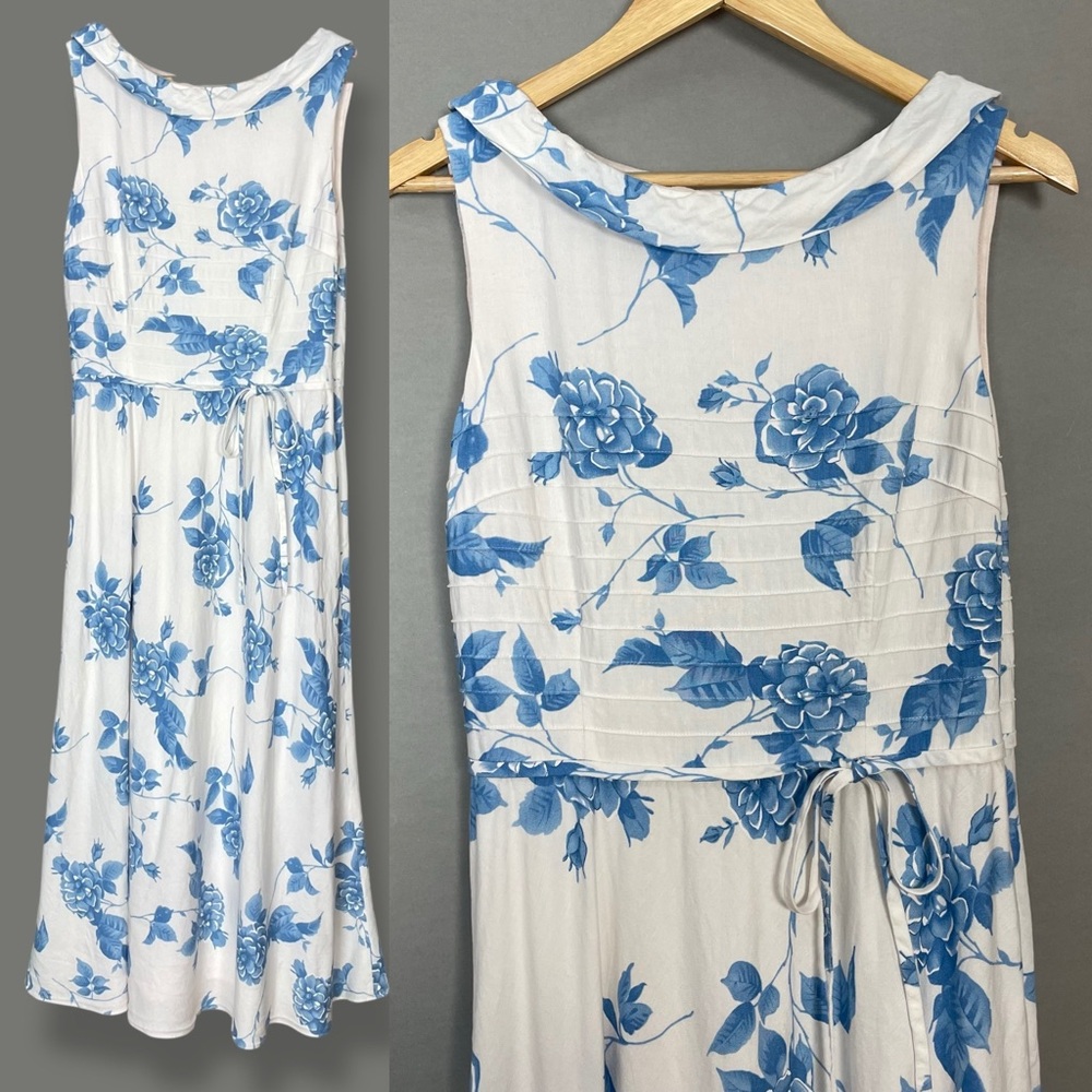 Cynthia‎ Howie Floral Dress Linen Rayon Sleeveless White Blue Tie Waist Retro 10